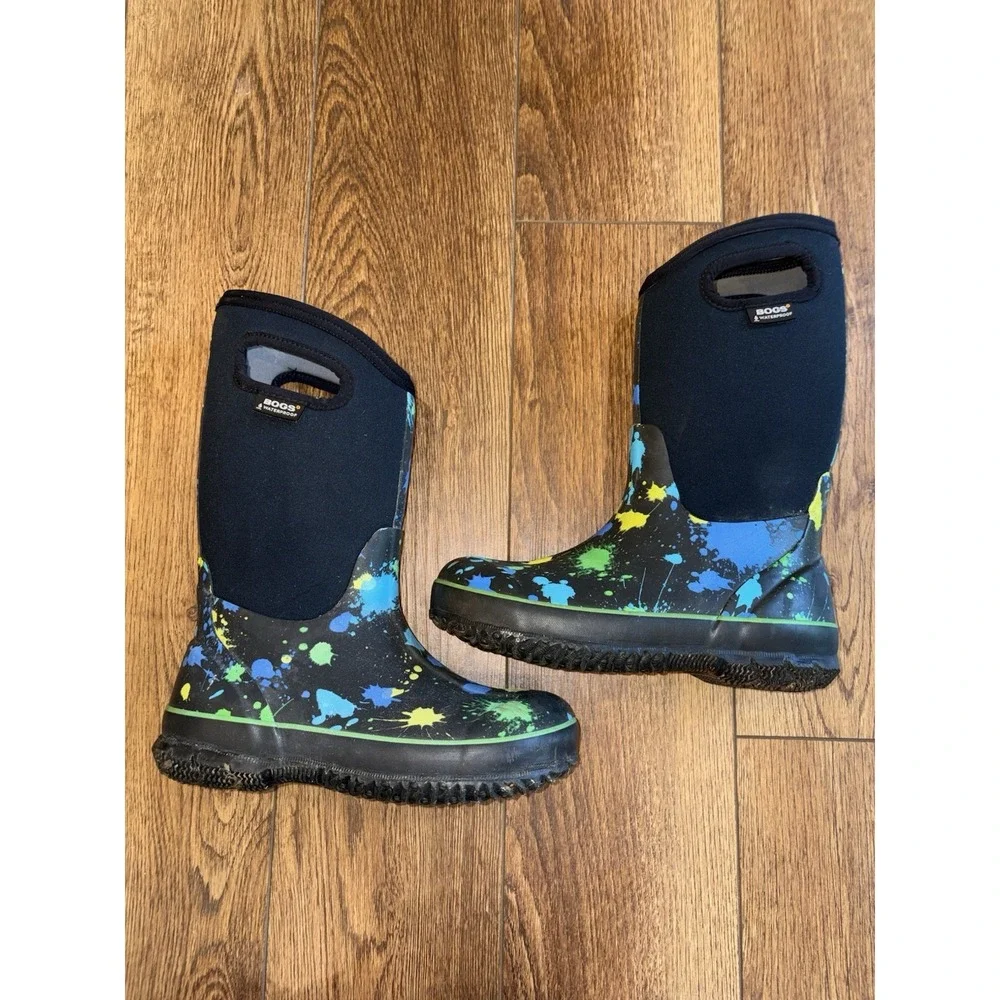 BOGS kid youth size 4 shoe blue tall insulated waterproof boots Paint Splat Boy